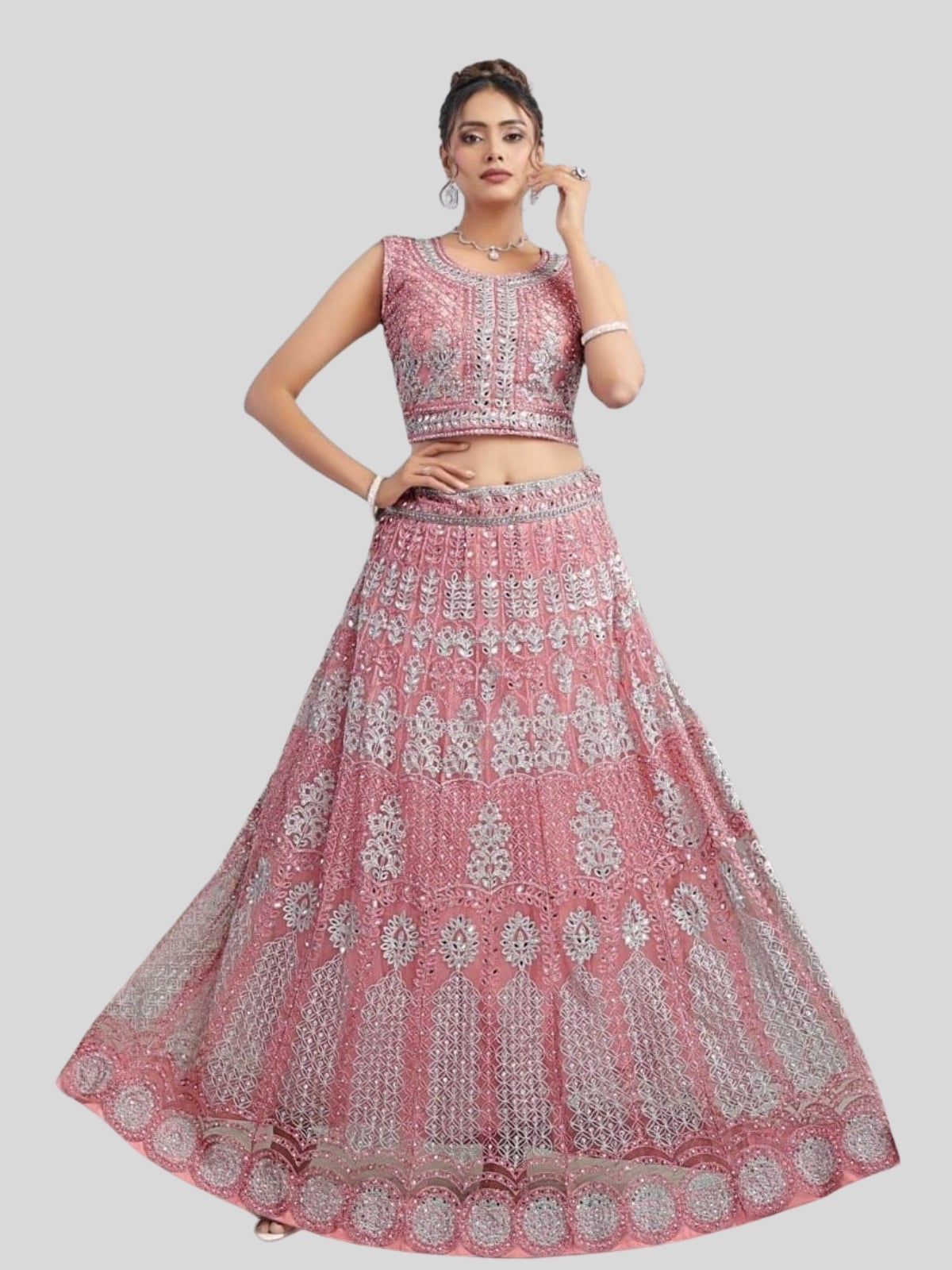 Women Net Semi-Stitched Lehenga Choli Set